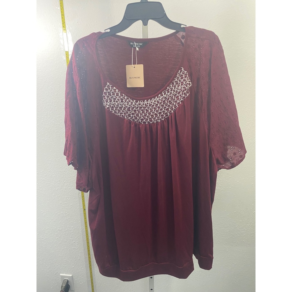 BloomChic Plus Size Burgundy Eyelet Lace Sleeve Blouse Embroidered Neck 30 4X